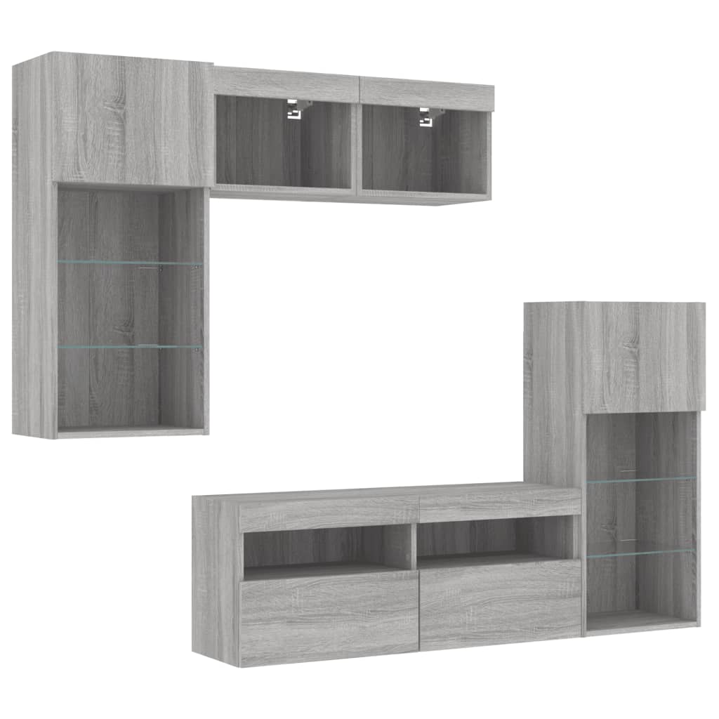 Unități de perete TV cu LED-uri, 5 piese, gri sonoma, lemn GartenMobel Dekor
