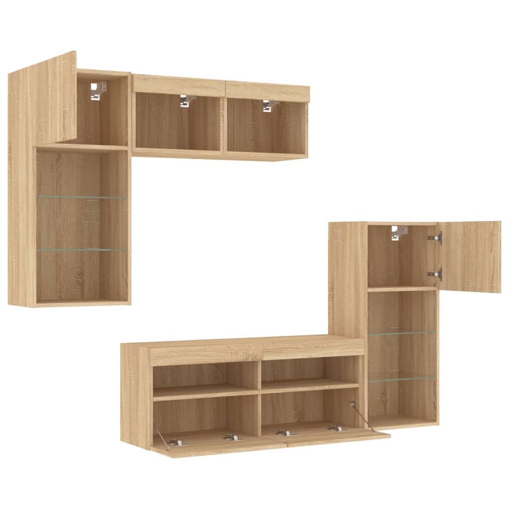 Unități de perete TV cu LED-uri, 5 piese, stejar sonoma, lemn GartenMobel Dekor