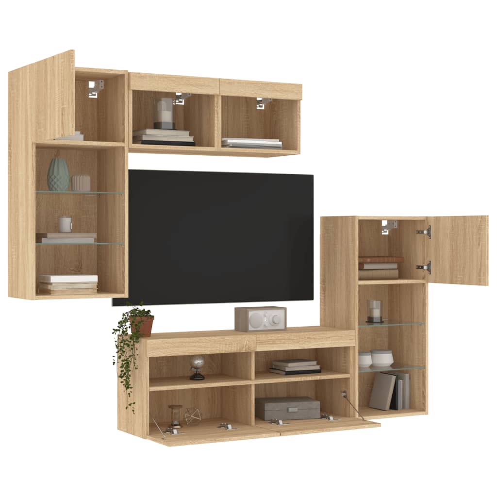 Unități de perete TV cu LED-uri, 5 piese, stejar sonoma, lemn GartenMobel Dekor