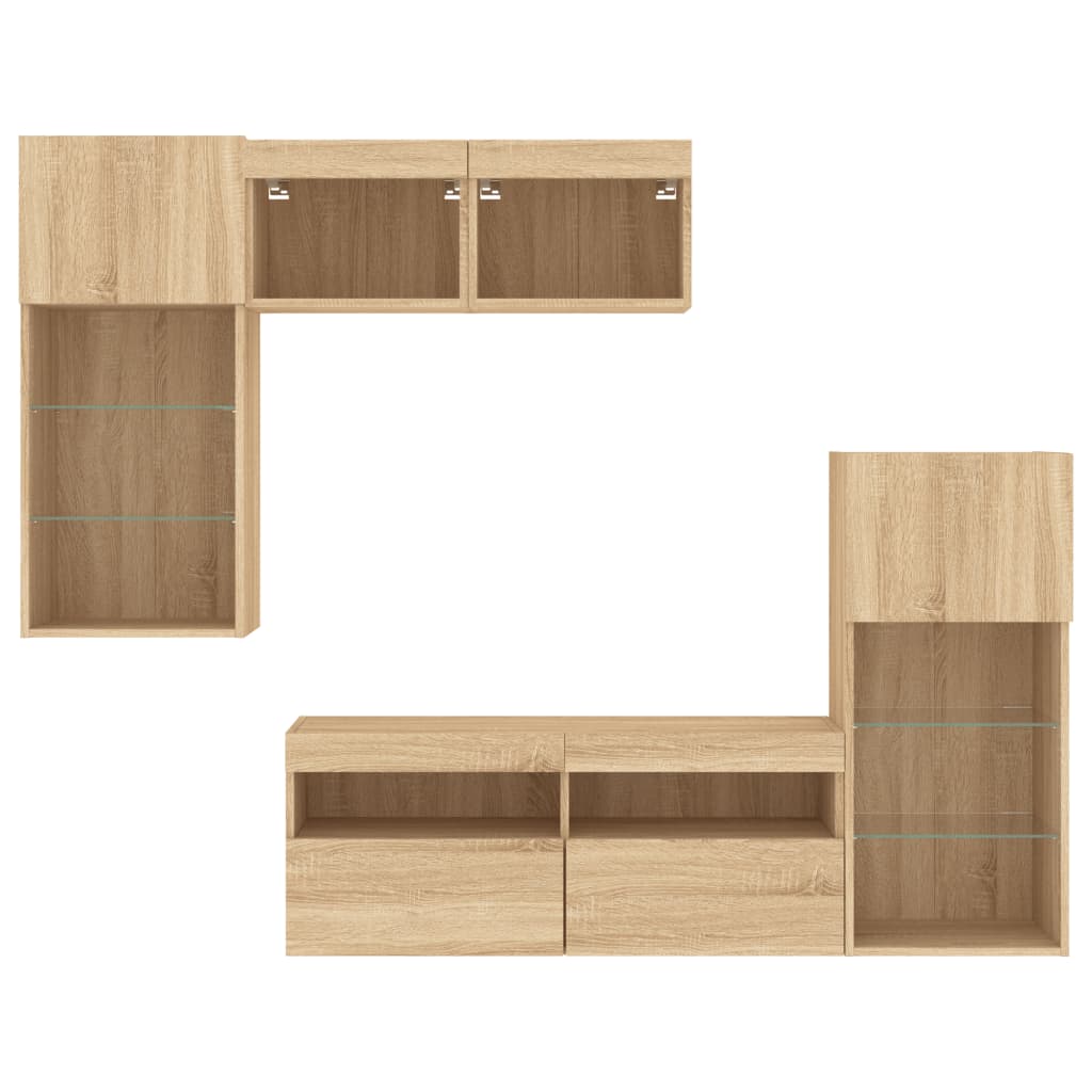 Unități de perete TV cu LED-uri, 5 piese, stejar sonoma, lemn GartenMobel Dekor