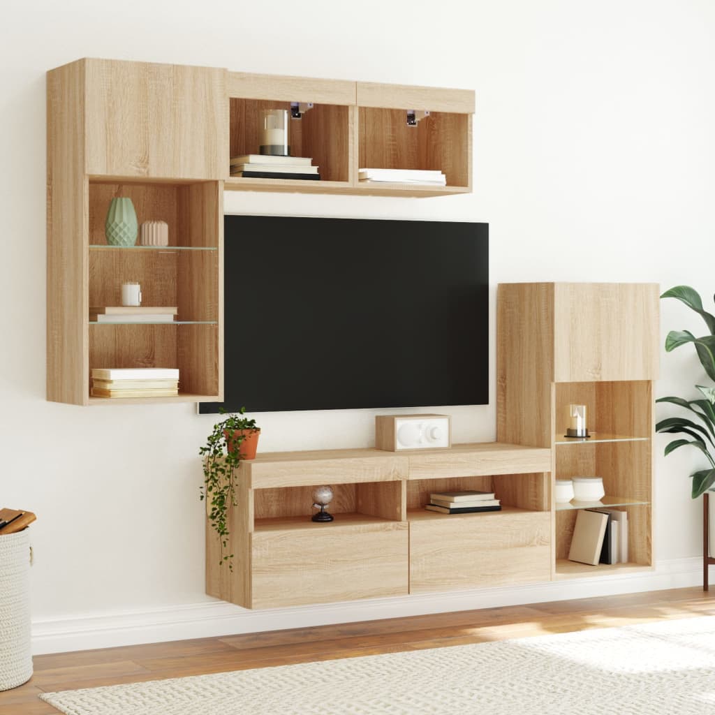 Unități de perete TV cu LED-uri, 5 piese, stejar sonoma, lemn GartenMobel Dekor