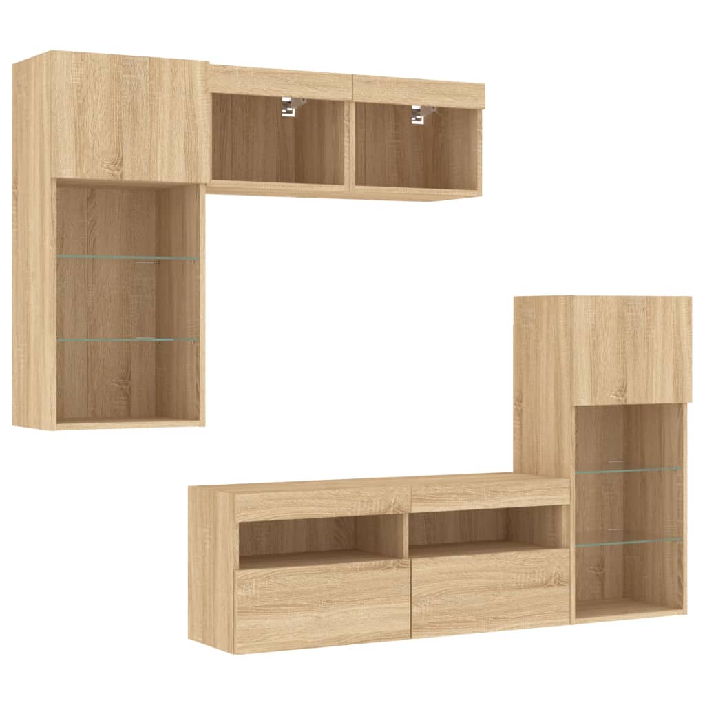 Unități de perete TV cu LED-uri, 5 piese, stejar sonoma, lemn GartenMobel Dekor