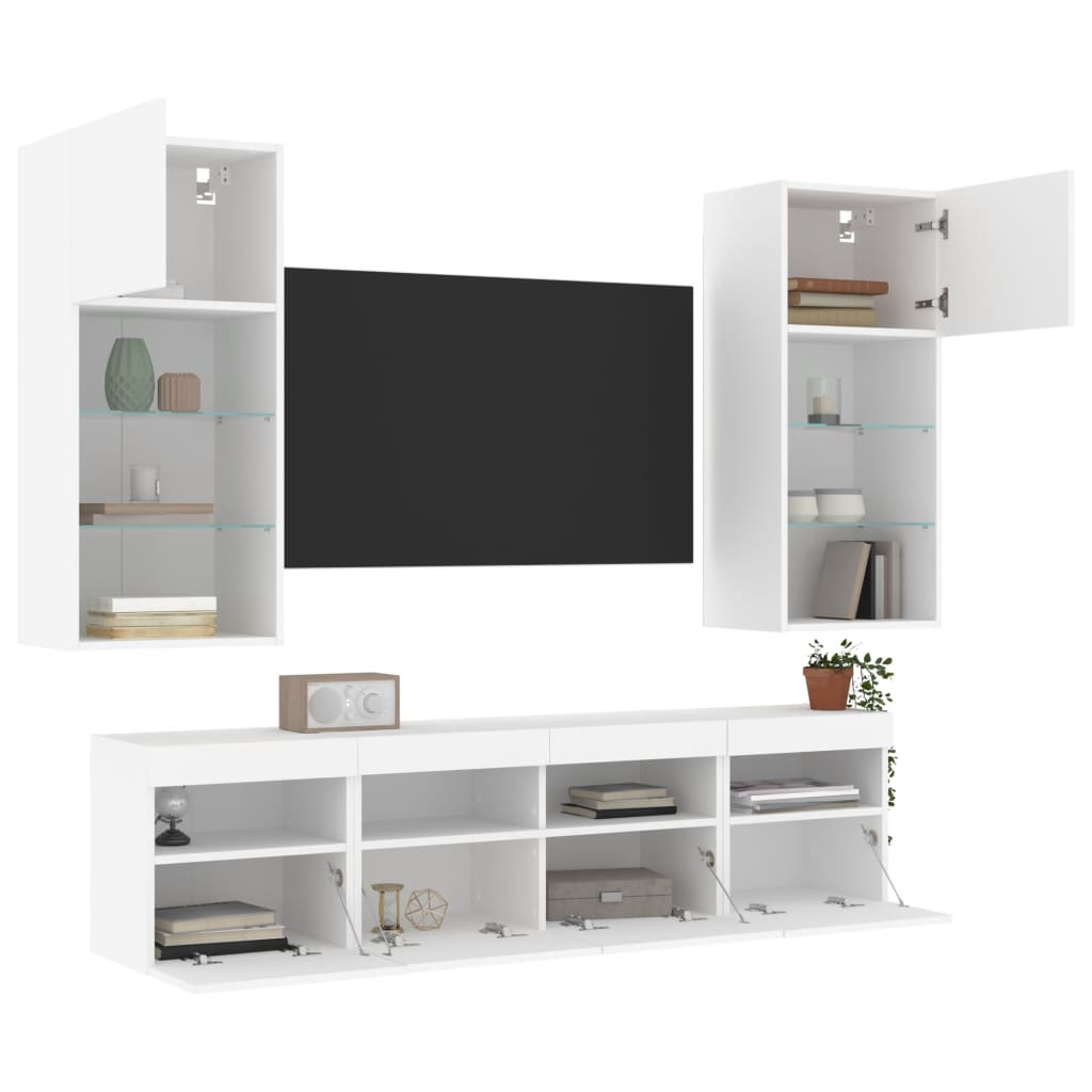 Unități de perete TV cu LED-uri, 5 piese, alb, lemn prelucrat GartenMobel Dekor