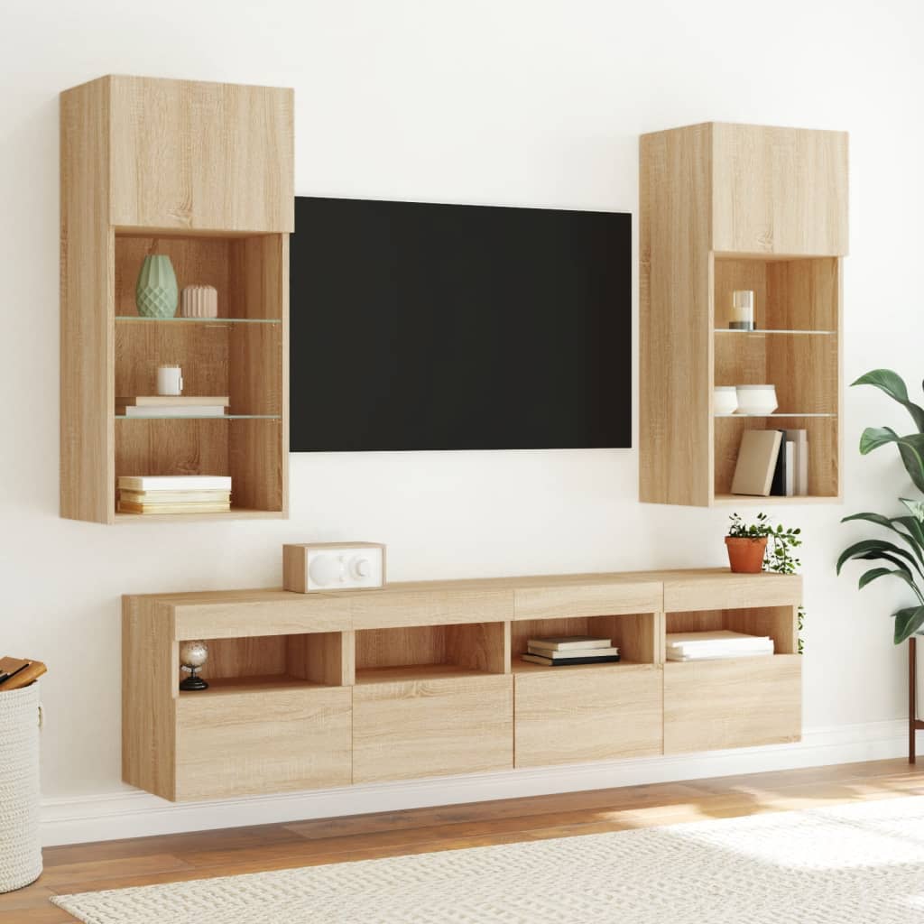 Unități de perete TV cu LED-uri, 5 piese, stejar sonoma, lemn GartenMobel Dekor