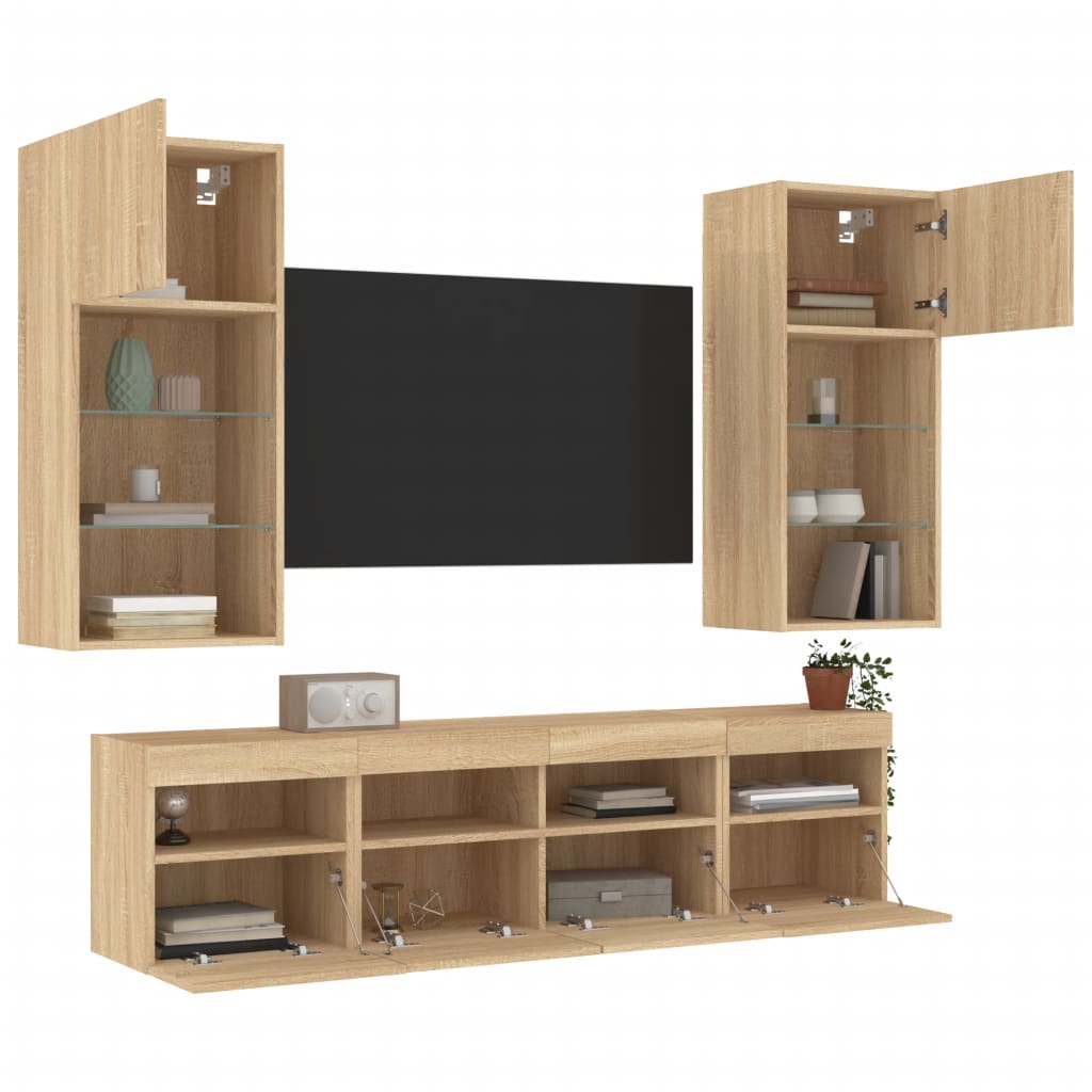 Unități de perete TV cu LED-uri, 5 piese, stejar sonoma, lemn GartenMobel Dekor