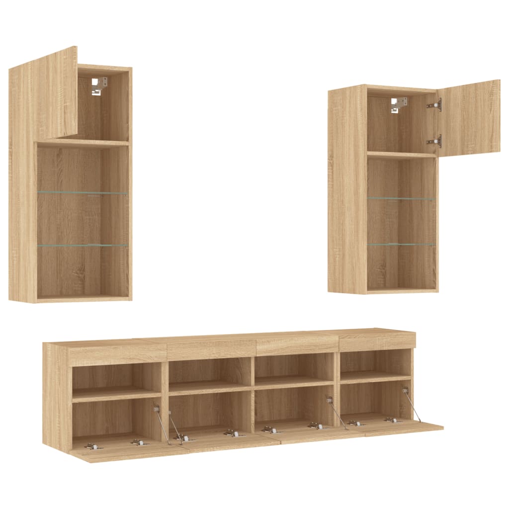 Unități de perete TV cu LED-uri, 5 piese, stejar sonoma, lemn GartenMobel Dekor