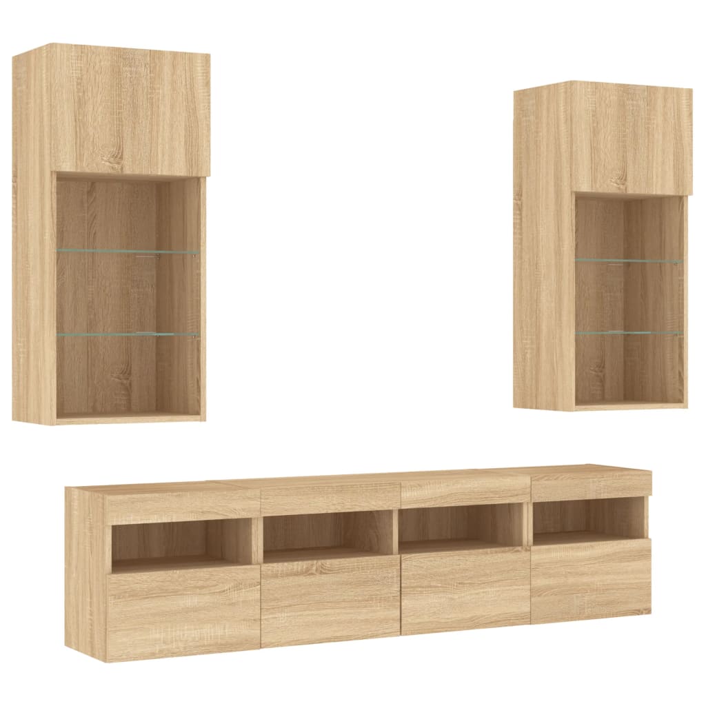 Unități de perete TV cu LED-uri, 5 piese, stejar sonoma, lemn GartenMobel Dekor
