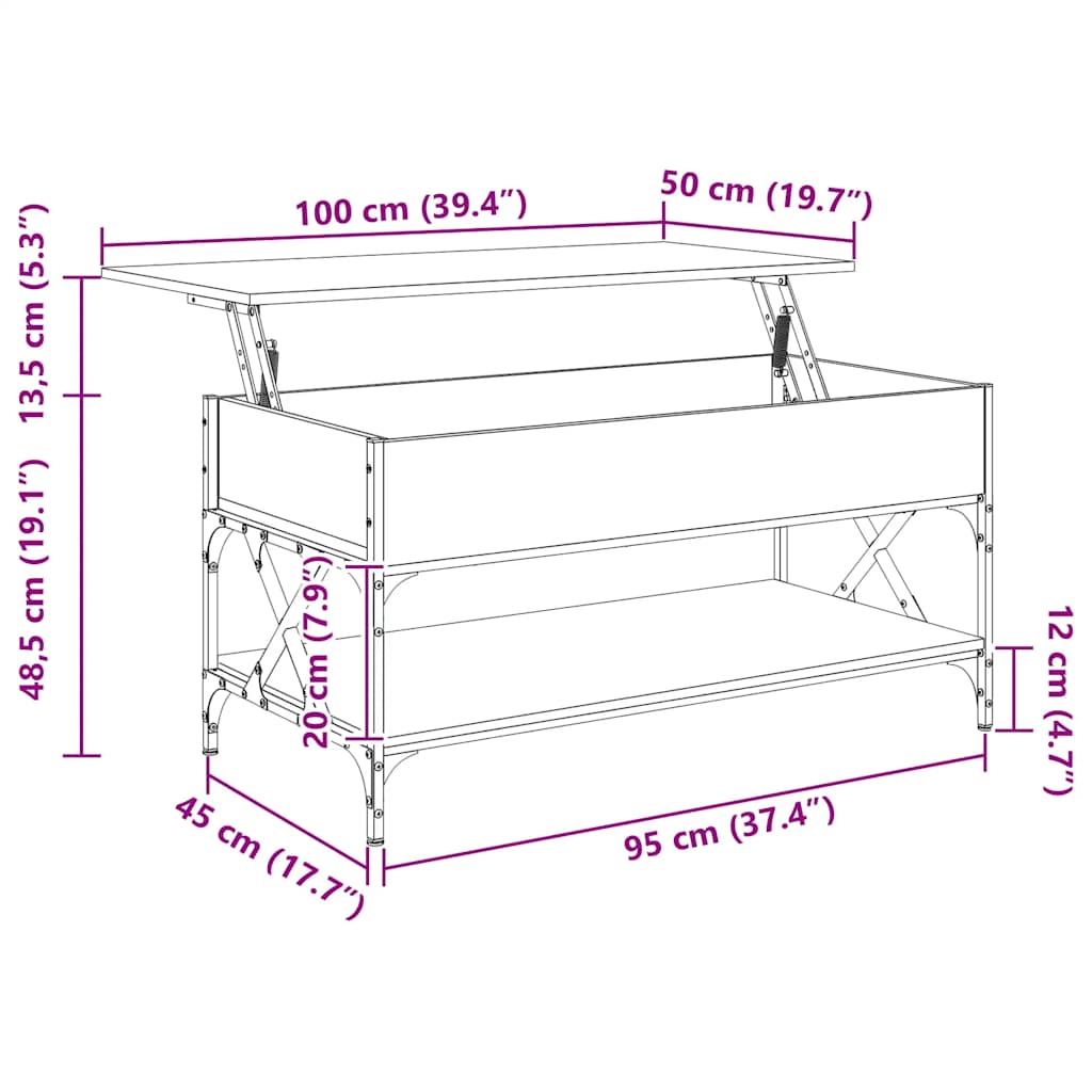Măsuță de cafea gri sonoma 100x50x50 cm lemn prelucrat și metal GartenMobel Dekor