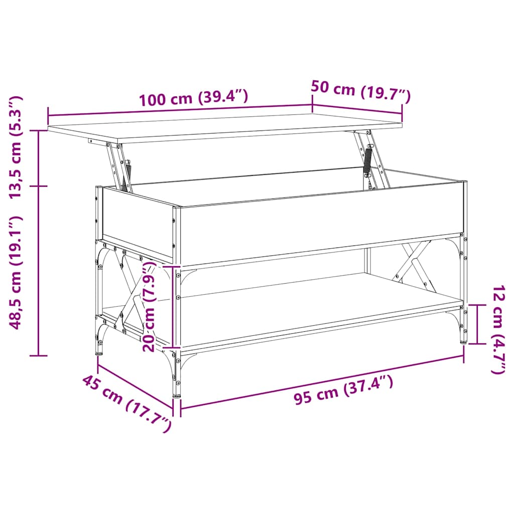 Măsuță de cafea stejar fumuriu 100x50x50cm lemn prelucrat/metal GartenMobel Dekor
