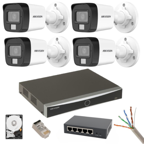 Kit supraveghere Hikvision 4 camere IP 8MP Dual Light IR 30m Lumină albă 30m Microfon NVR 12MP 4 canale HDD Accesorii incluse SafetyGuard Surveillance