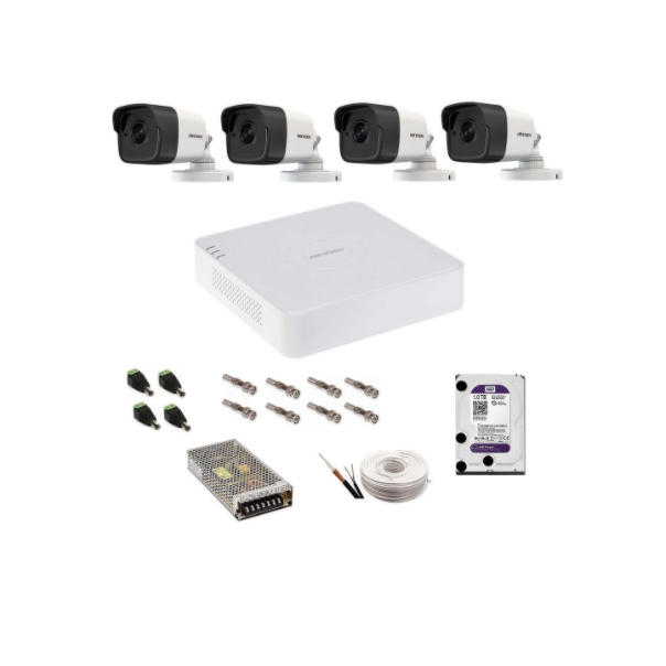 Kit complet supraveghere 5 MP Hikvision Turbo HD cu 4 camere exterior DVR TurboHD 8MP IR 25m HDD 1 Tb accesorii complete vizualizare pe telefonul mobil SafetyGuard Surveillance