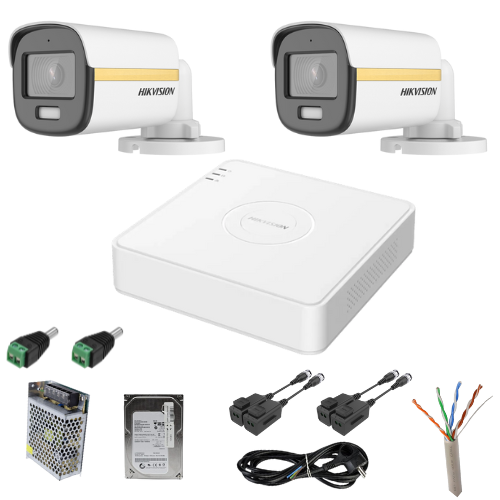 Sistem supraveghere Hikvision 2 camere analog 2MP ColorVu Microfon DVR 4 canale, accesorii SafetyGuard Surveillance