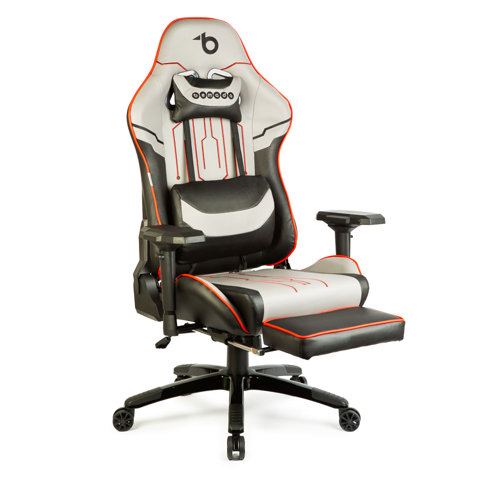 Scaun de gaming ergonomic cu pernă, tetieră, suport picioare și spătar rabatabil, gri/negru/roșu, 84 x 52 / 48 x 50 cm Best CarHome