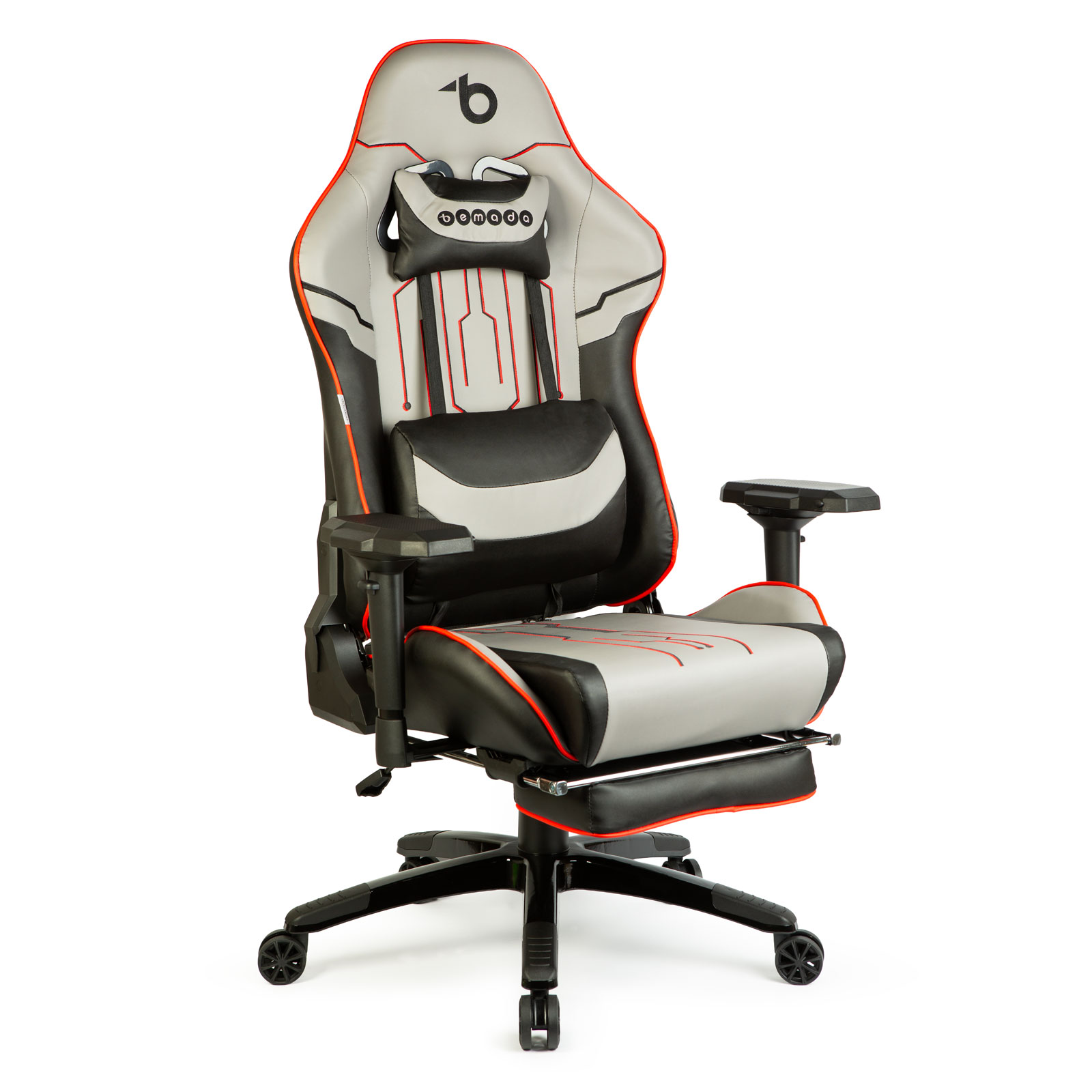 Scaun de gaming ergonomic cu pernă, tetieră, suport picioare și spătar rabatabil, gri/negru/roșu, 84 x 52 / 48 x 50 cm Best CarHome