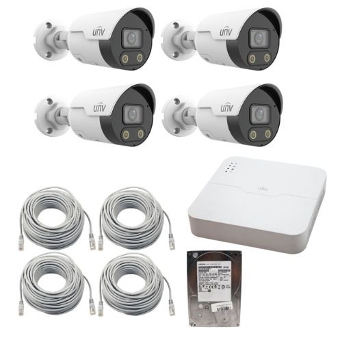 Sistem Supraveghere IP Complet UNV cu 4 Camere IP 4MP ColorHunter, Dual Light, Audio Bidirectional, PoE, NVR 4 Canale + 4 porturi Long PoE, HDD 1TB SafetyGuard Surveillance