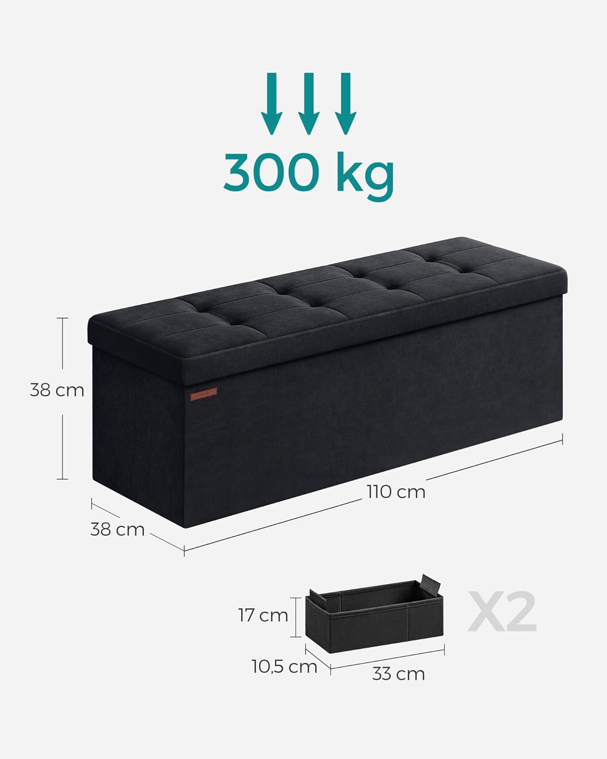 SONGMICS Bancuta pliabila cu spatiu de depozitare, catifea matlasata, 38x110x38 cm, capacitate 300 kg, negru Household NewTrend