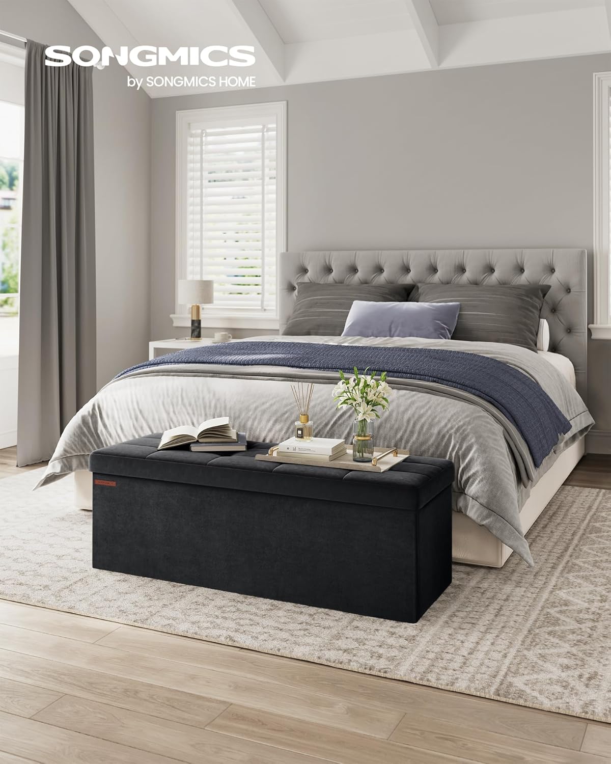 SONGMICS Bancuta pliabila cu spatiu de depozitare, catifea matlasata, 38x110x38 cm, capacitate 300 kg, negru Household NewTrend