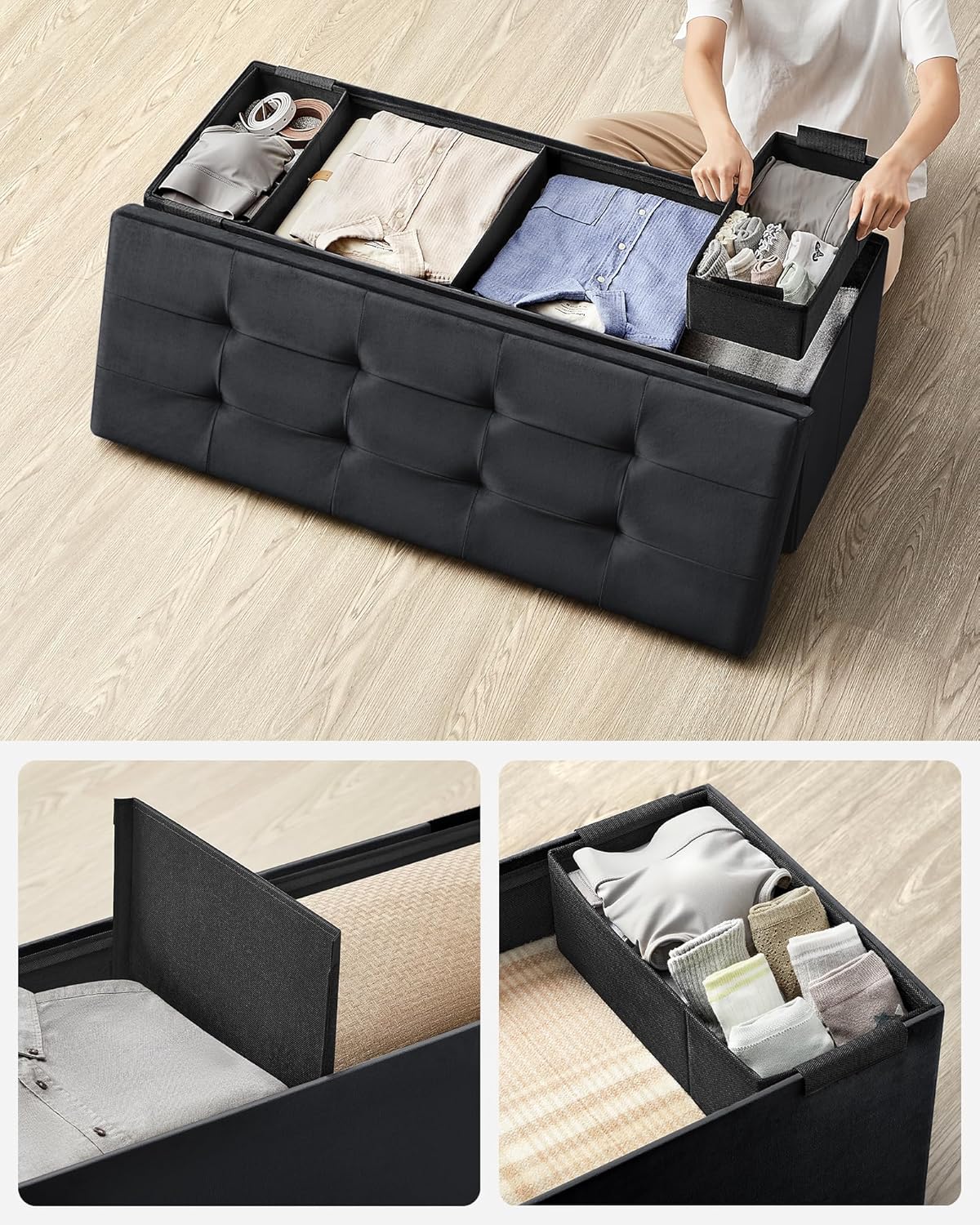 SONGMICS Bancuta pliabila cu spatiu de depozitare, catifea matlasata, 38x110x38 cm, capacitate 300 kg, negru Household NewTrend