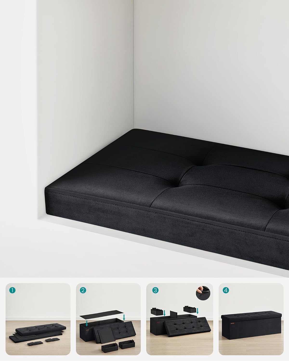 SONGMICS Bancuta pliabila cu spatiu de depozitare, catifea matlasata, 38x110x38 cm, capacitate 300 kg, negru Household NewTrend