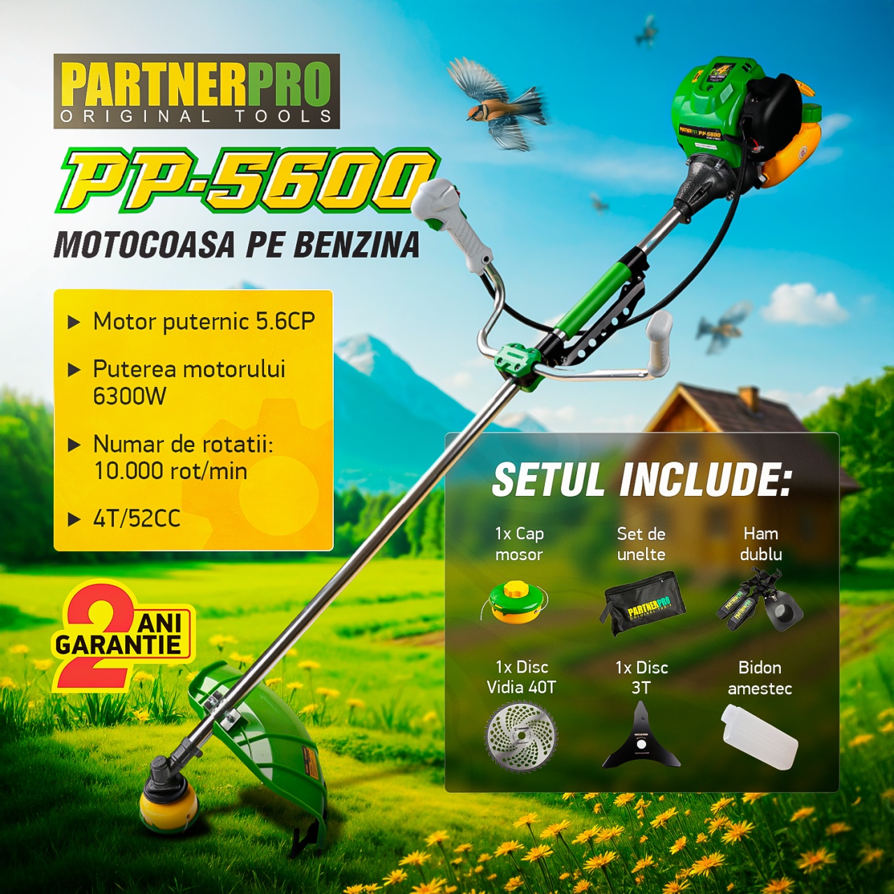 Motocoasa pe benzina PartnerPro PP5600 , 4 T, 5.6CP, 52CC Innovative ReliableTools