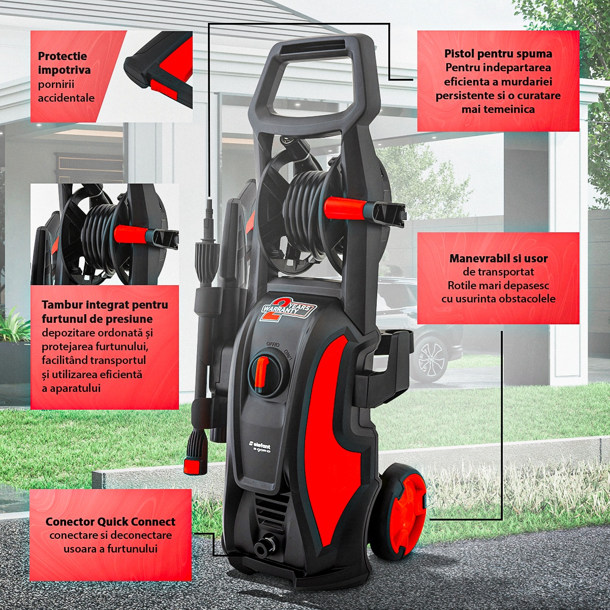 Aparat de spalat cu presiune ELEFANT E-90P-D, 1600 W, 480l/h, 90bar, lungime furtun 5 m Innovative ReliableTools