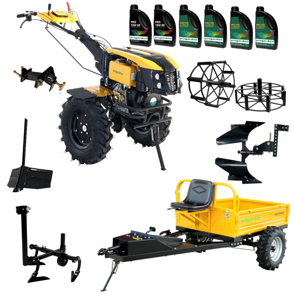 ProGARDEN Pachet Campo 1273 Alpine V2, Motocultor 12CP + PRS20-45 Prasitoare + Remorca RM500T+ Plug bilonat/rarita + Plug reversibil + Adaptor + 2 Roti metalice 540x170 + 6 L ulei ProAdvanced PowerfulTools