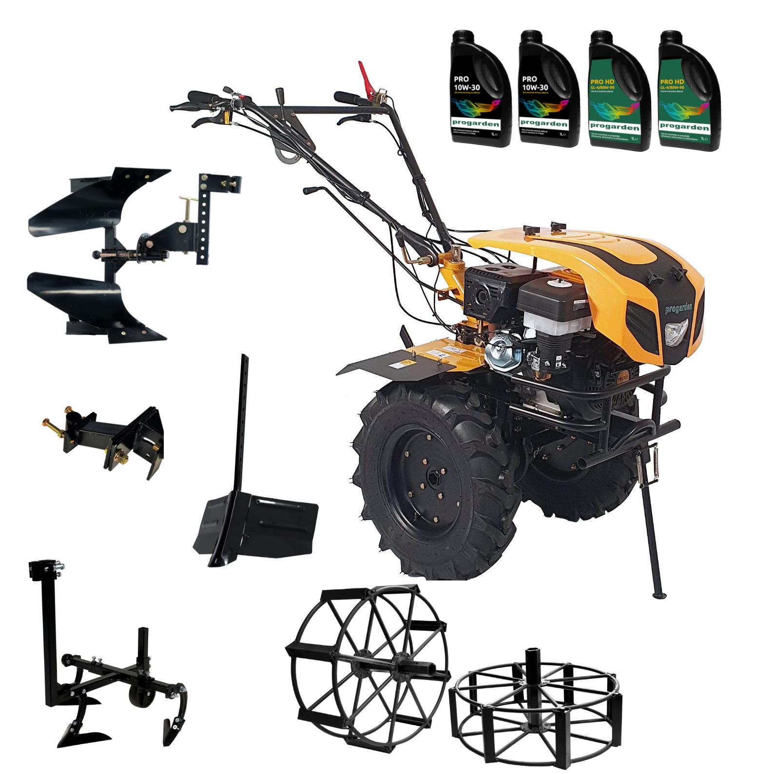 ProGARDEN Pachet Campo 1844 Motocultor 18CP + Plug bilonat + Plug reversibil + Prasitoare + Adaptor + 2 roti metalice 540x170 + 4L Ulei ProAdvanced PowerfulTools