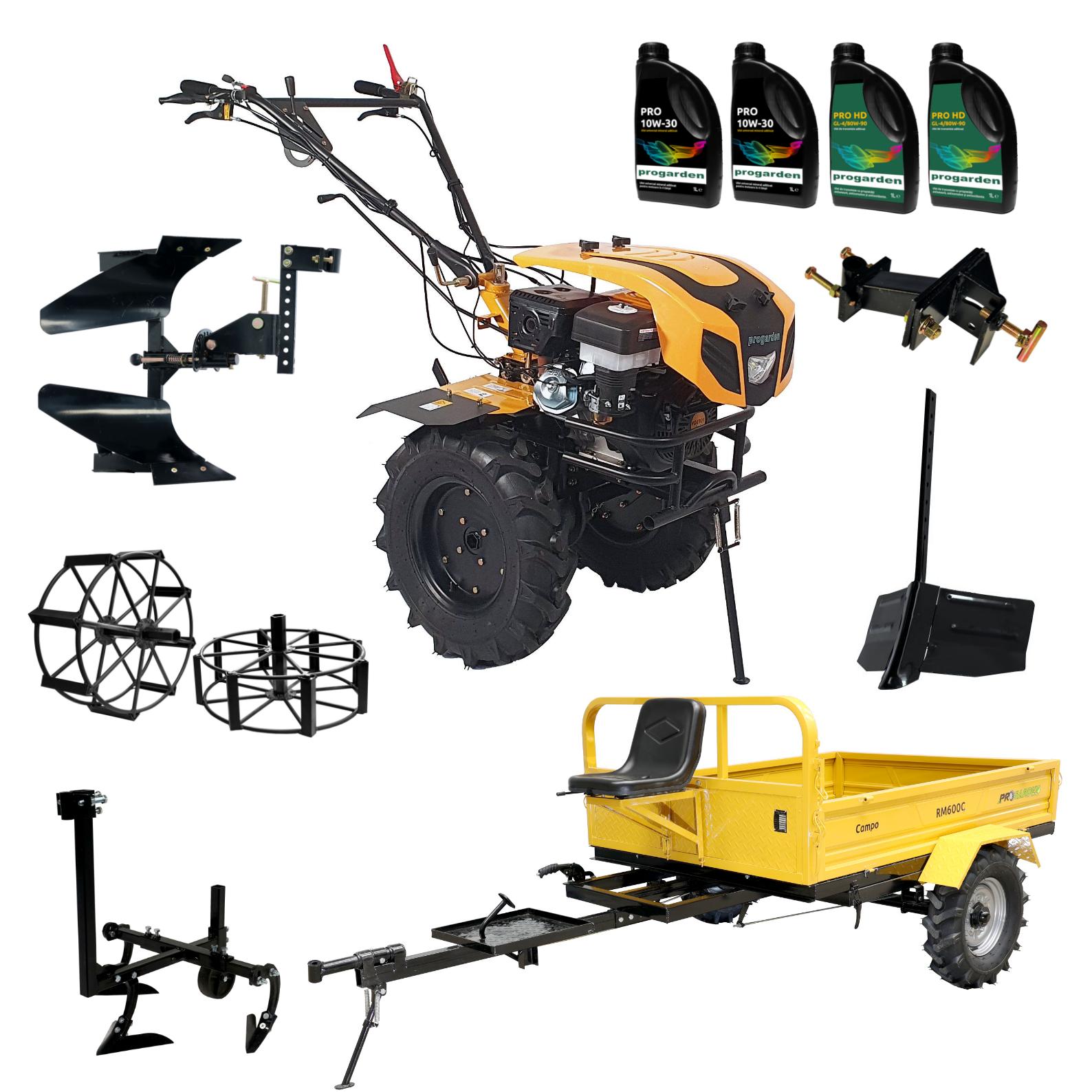 ProGARDEN Pachet Campo 1844 Motocultor 18CP + Remorca RM600C + Plug bilonat + Plug reversibil + Prasitoare + Adaptor + 2 roti metalice 540x170 + 4L Ulei ProAdvanced PowerfulTools