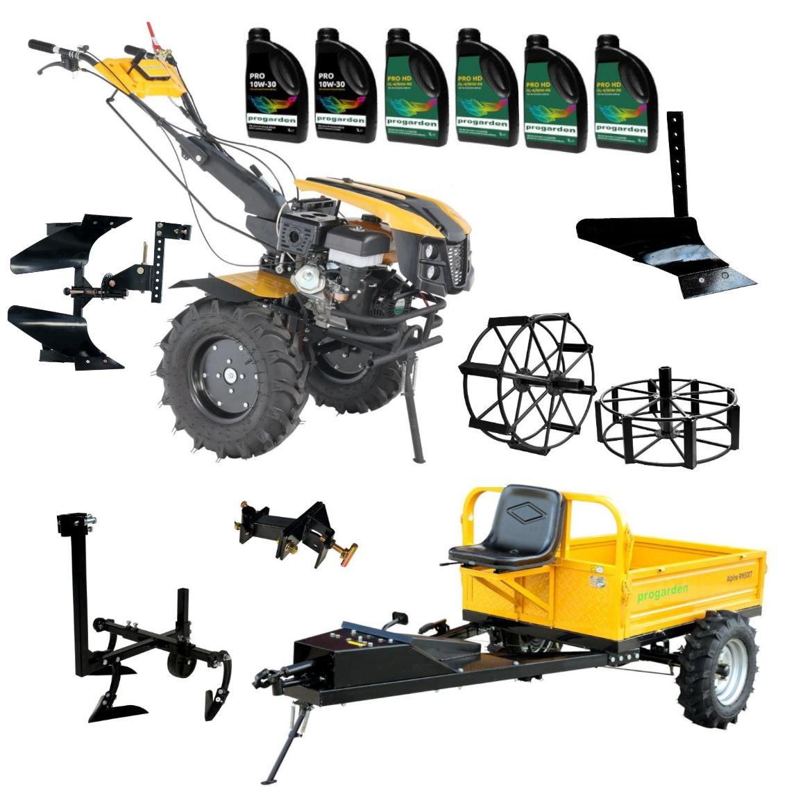 ProGARDEN Pachet Campo 1873 Alpine V2 Motocultor 18CP + RM500T Remorca + 2xPlug + Prasitoare + Adaptor + 2xRoti metalice 540x170 + 6L Ulei ProAdvanced PowerfulTools
