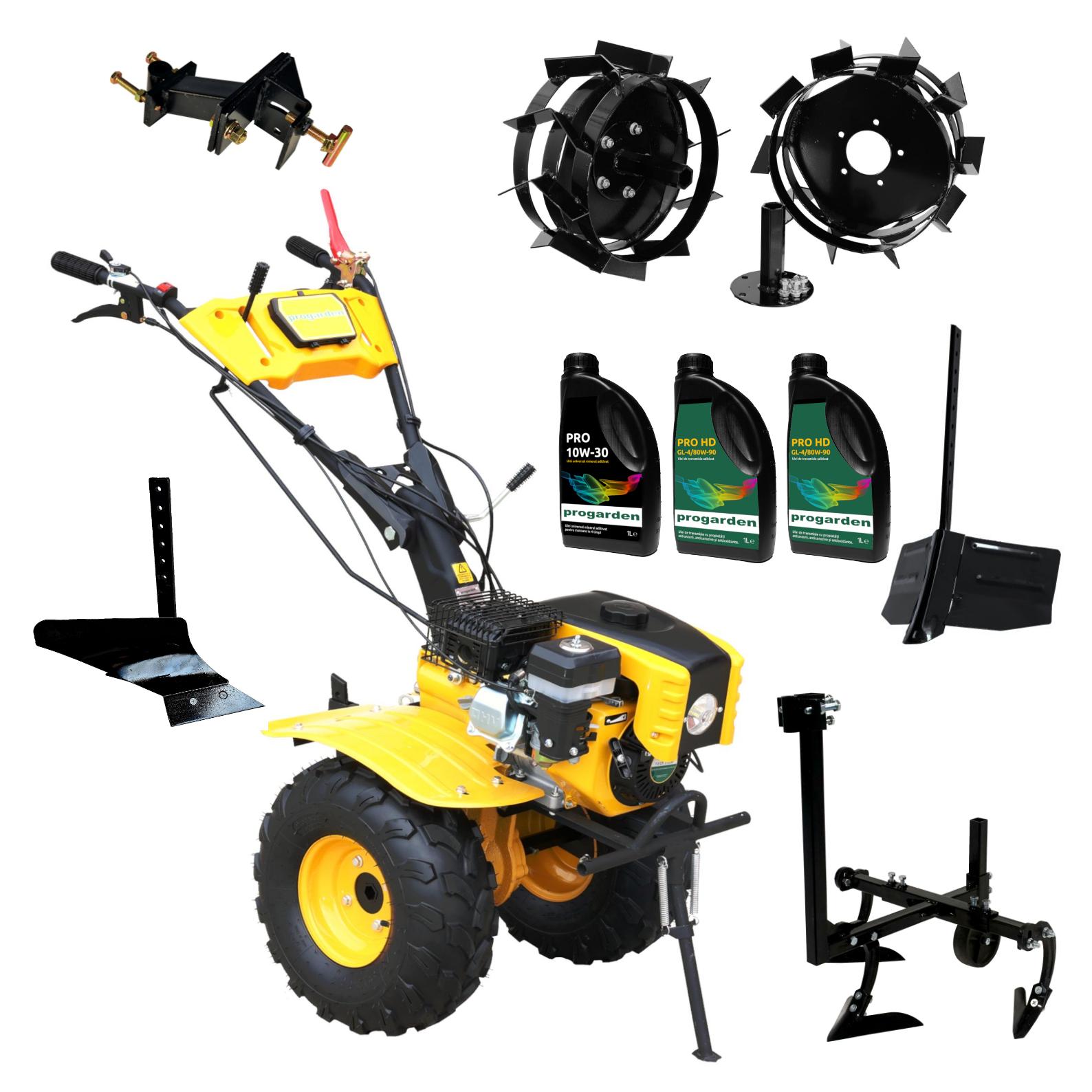 ProGARDEN Pachet Campo 873 Alpine motocultor 7CP + Prasitoare PRS20-45 + Plug simplu + Plug bilonat/rarita + Adaptor + 2 Roti metalice 350x6 + 3L Ulei ProAdvanced PowerfulTools
