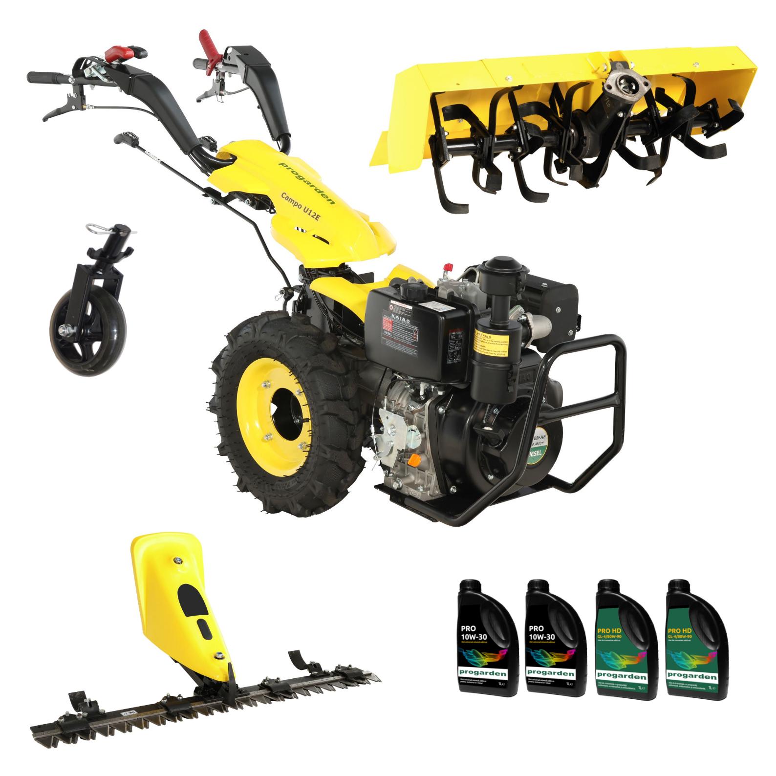 ProGARDEN Pachet Campo U12E Motocultor 12CP + BC120M Bara cosire 120cm + Roata sustinere + FT90 Freza tractata 90cm + 4L Ulei ProAdvanced PowerfulTools