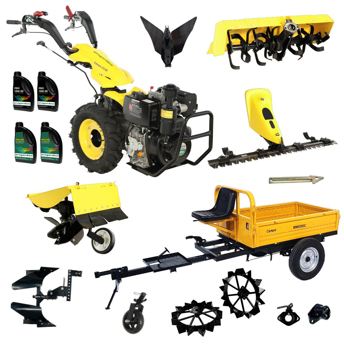 ProGARDEN Pachet Campo U12E Motocultor 12CP + RM500C Remorca 500Kg + BC120M Bara cosire + 3xPlug + FT90 Freza tractata + 2xRoti metalice RM47 + 2xCuple + 4L Ulei ProAdvanced PowerfulTools