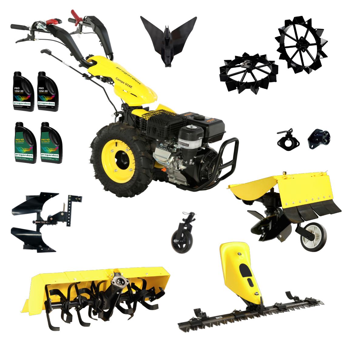 ProGARDEN Pachet Campo U16E Motocultor 14CP + BC120M Bara cosire + 3xPlug + FT90 Freza tractata + 2xRoti metalice RM47 + 2xCuple + 4L Ulei ProAdvanced PowerfulTools