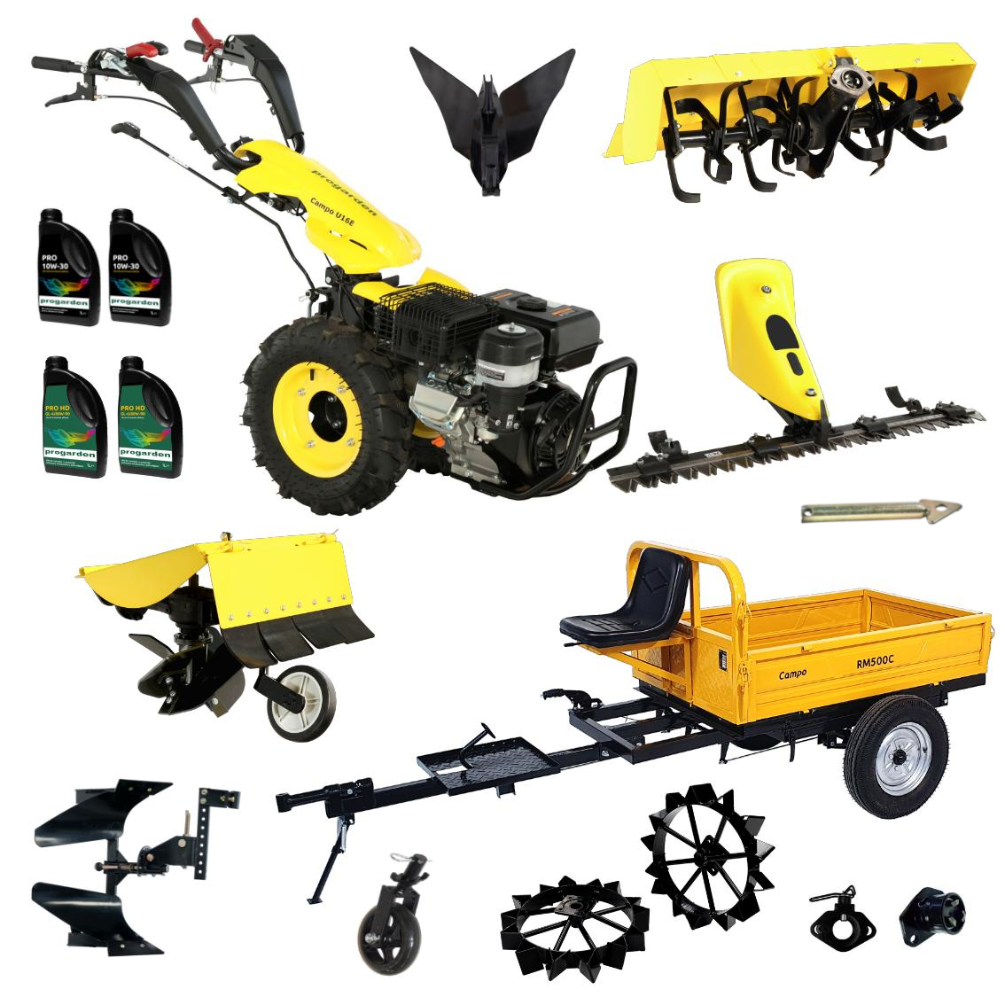 ProGARDEN Pachet Campo U16E Motocultor 14CP + RM500C Remorca 500Kg + BC120M Bara cosire + 3xPlug + FT90 Freza tractata + 2xRoti metalice RM47 + 2xCuple + 4L Ulei ProAdvanced PowerfulTools