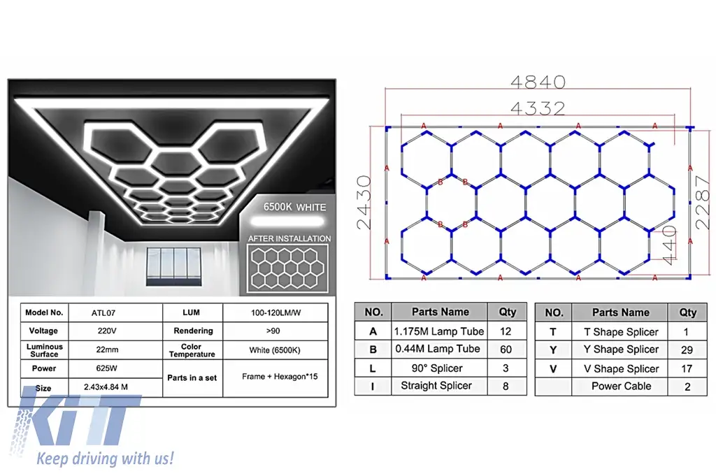 Sistem de Iluminare Plafon Hexagon / HoneyComb 4.33 x 2.28 m Performance AutoTuning
