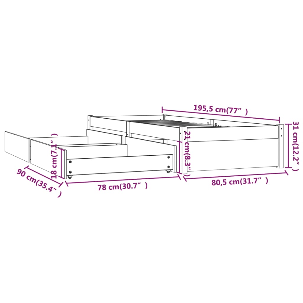 Cadru pat cu sertare, alb, 75x190 cm, mic single GartenMobel Dekor