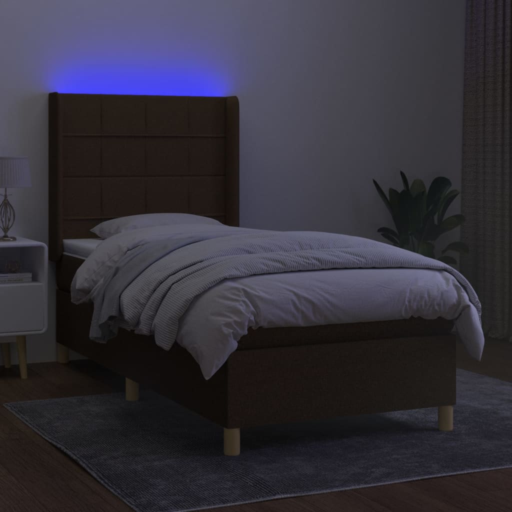 Pat cu arcuri, saltea și LED, maro închis, 90x190 cm, textil GartenMobel Dekor