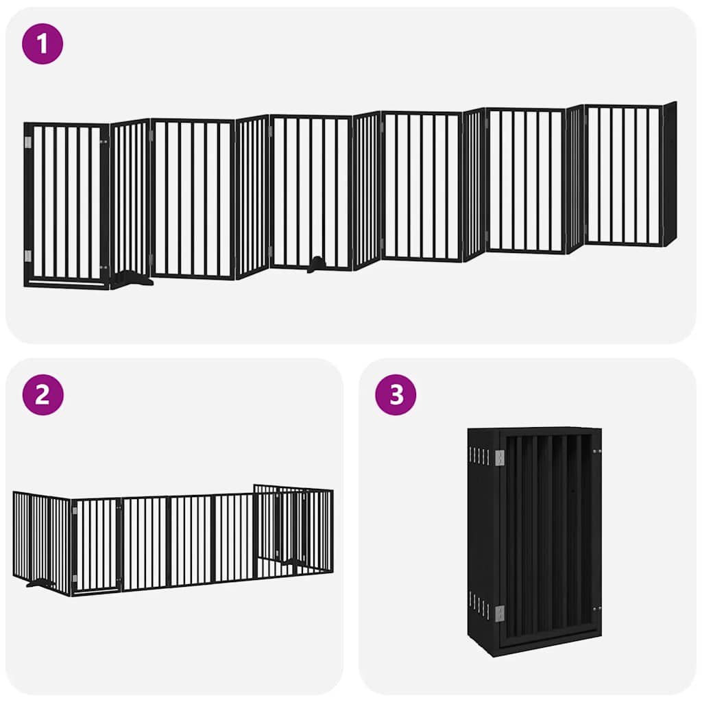 Poartă câini pliabilă cu ușă 12 panouri negru 600 cm, lemn plop GartenMobel Dekor