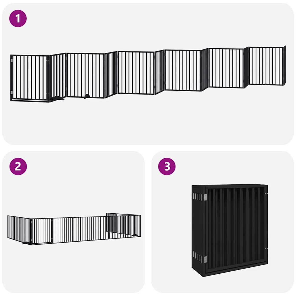 Poartă câini pliabilă cu ușă 12 panouri negru 960 cm, lemn plop GartenMobel Dekor