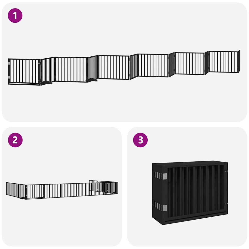 Poartă câini pliabilă cu ușă 12 panouri negru 960 cm, lemn plop GartenMobel Dekor