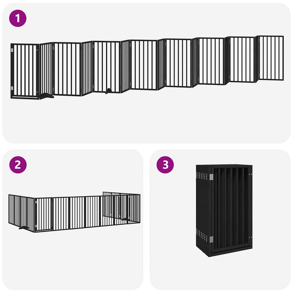Poartă câini pliabilă cu ușă 15 panouri negru 750 cm, lemn plop GartenMobel Dekor