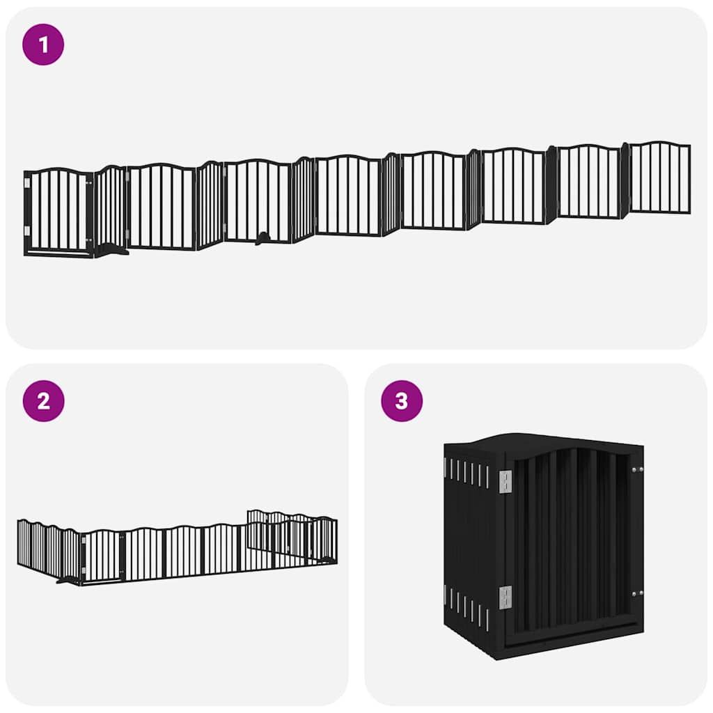 Poartă câini pliabilă cu ușă 15 panouri negru 750 cm, lemn plop GartenMobel Dekor