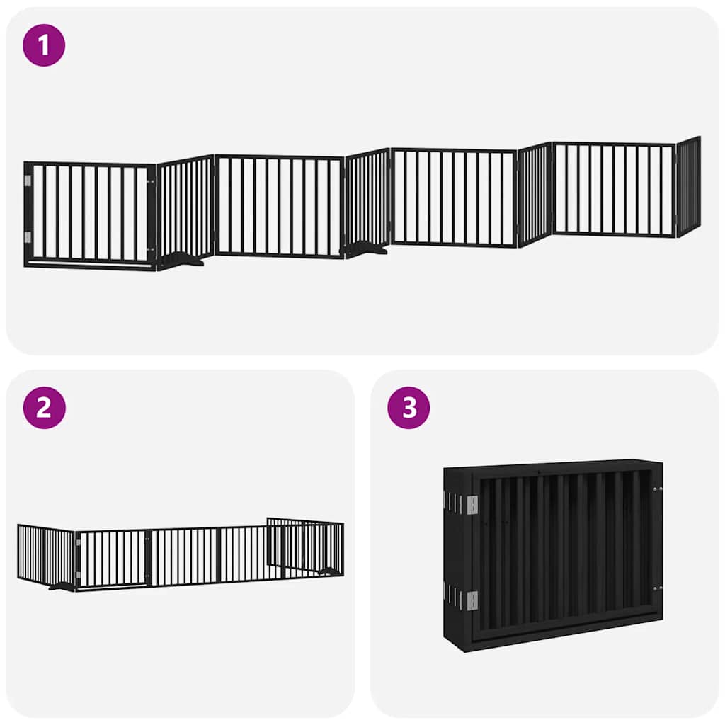 Poartă câini pliabilă cu ușă 8 panouri negru 640 cm, lemn plop GartenMobel Dekor