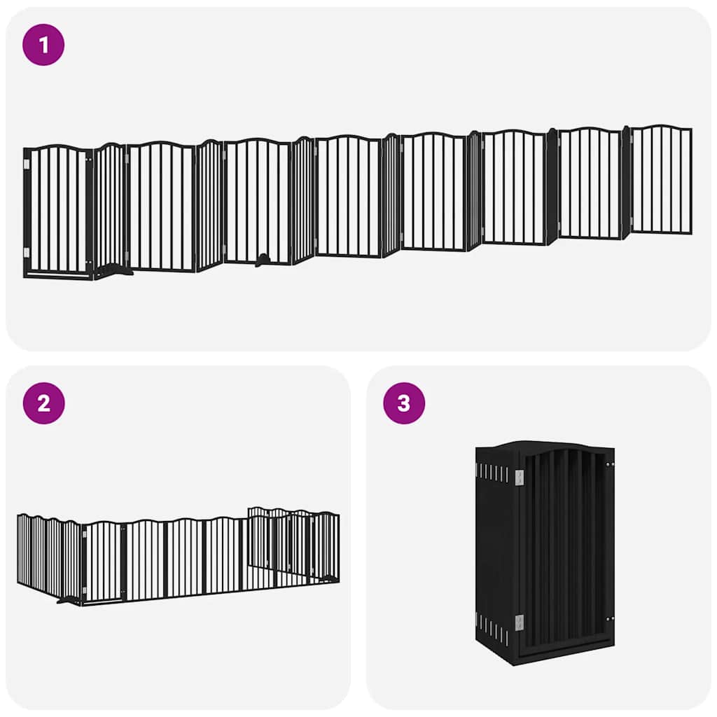 Poartă câini pliabilă cu ușă 15 panouri negru 750 cm, lemn plop GartenMobel Dekor