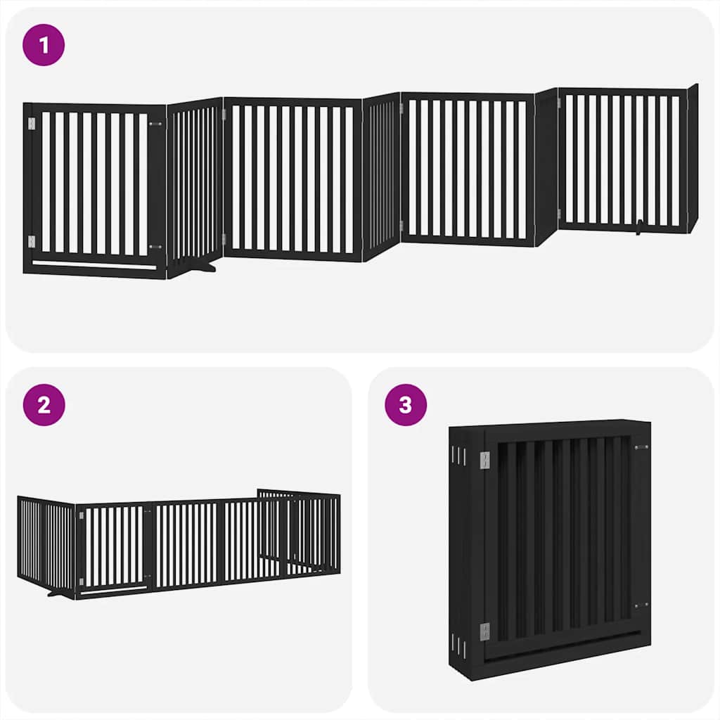 Poartă câini pliabilă cu ușă 8 panouri negru 640 cm, lemn plop GartenMobel Dekor
