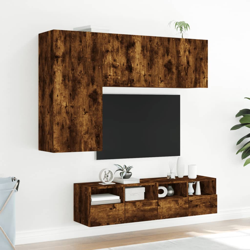 Unități TV de perete cu LED-uri, 4 piese, stejar fumuriu, lemn GartenMobel Dekor