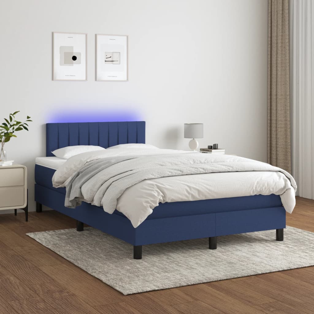 Pat cu arcuri, saltea și LED, albastru, 120x190 cm, textil GartenMobel Dekor