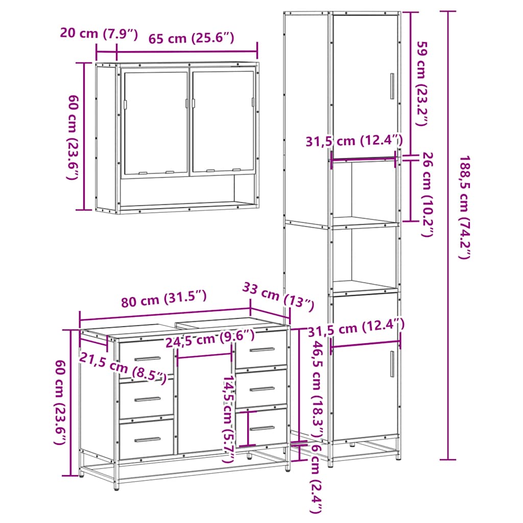 Set mobilier de baie, 3 piese, stejar fumuriu, lemn prelucrat GartenMobel Dekor