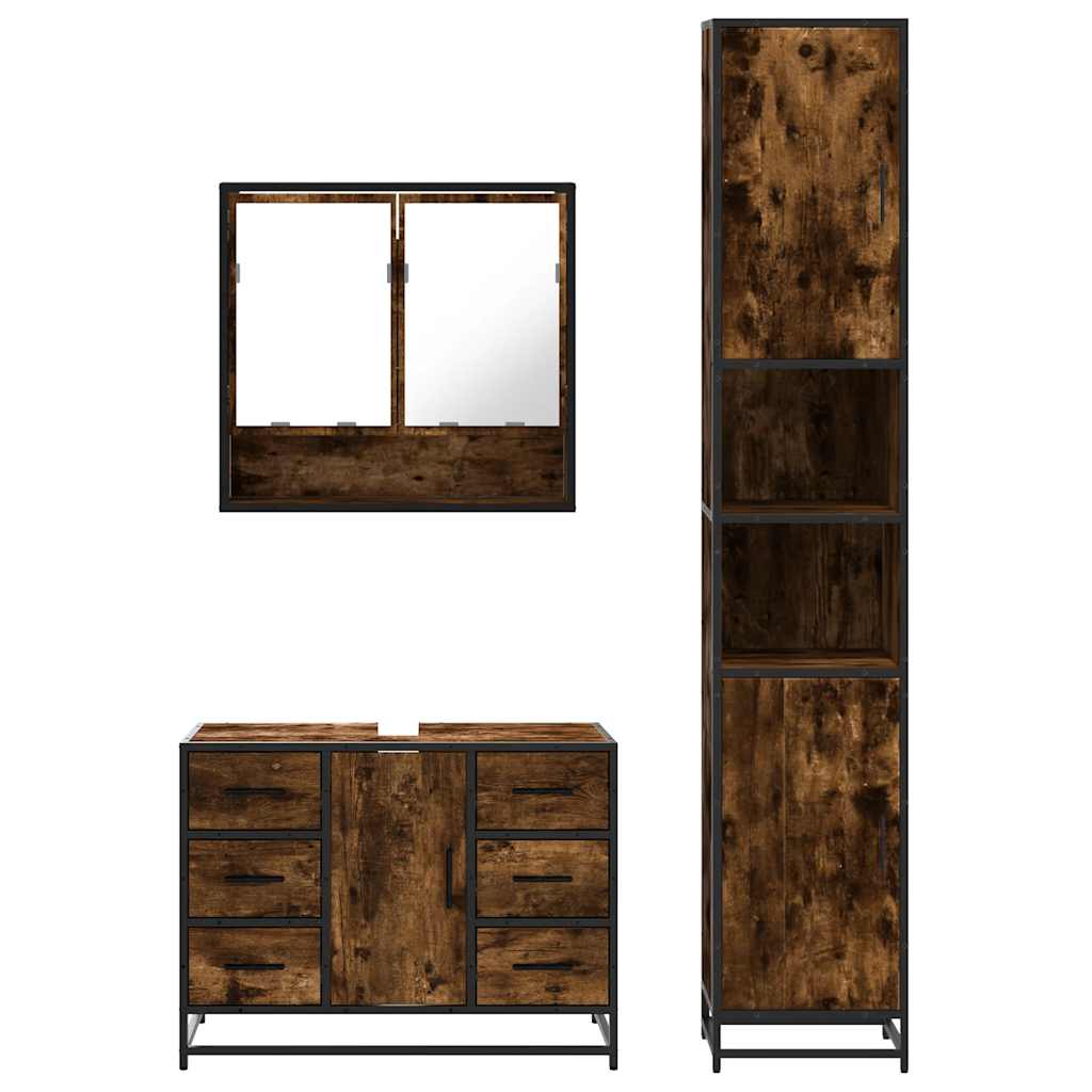 Set mobilier de baie, 3 piese, stejar fumuriu, lemn prelucrat GartenMobel Dekor