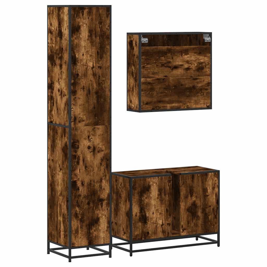 Set mobilier de baie, 3 piese, stejar fumuriu, lemn prelucrat GartenMobel Dekor